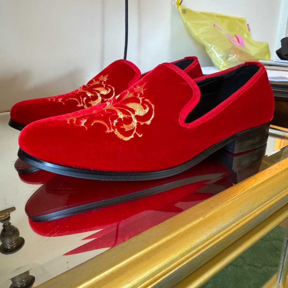 Luxurious Red and Gold Velvet Slip-On Loafers 9
